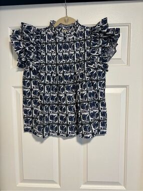 NEW Oliphant Madeira Blue Pintuck Ruffle Top